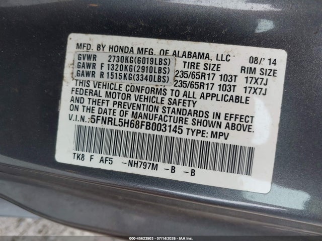 Honda Odyssey Ex-l 2015 5FNRL5H68FB003145 Image 9