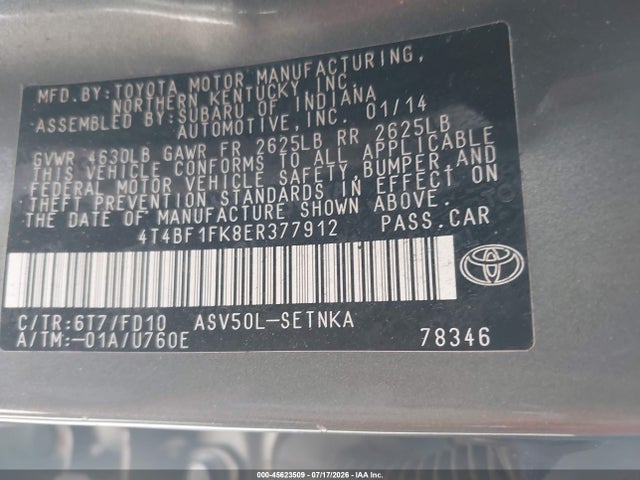 Продаж на аукціоні авто 2014 Toyota Camry Le, vin: 4T4BF1FK8ER377912, номер лоту: 45623509