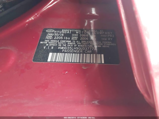 45623514 :رقم المزاد ، KMHD35LH9GU337773 vin ، 2016 Hyundai Elantra Gt مزاد بيع