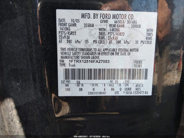 2006 Ford F-150 Lariat/xl/xlt მანქანა იყიდება აუქციონზე, vin: 1FTRX12516FA27053, აუქციონის ნომერი: 45623521