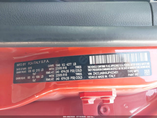 2018 Jeep Renegade Altitude Fwd მანქანა იყიდება აუქციონზე, vin: ZACCJABHXJPH23451, აუქციონის ნომერი: 45623528