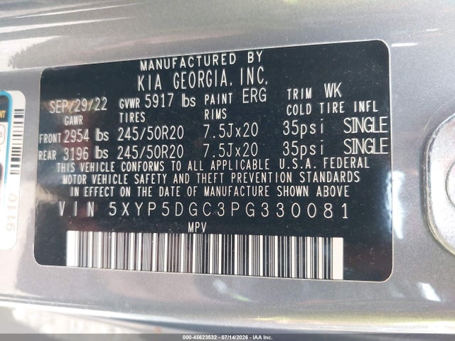 Продажа на аукционе авто 2023 Kia Telluride Sx Prestige, vin: 5XYP5DGC3PG330081, номер лота: 45623532