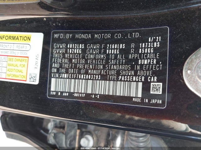 45623544 :رقم المزاد ، JHMFE1F76NX003293 vin ، 2022 Honda Civic Ex مزاد بيع