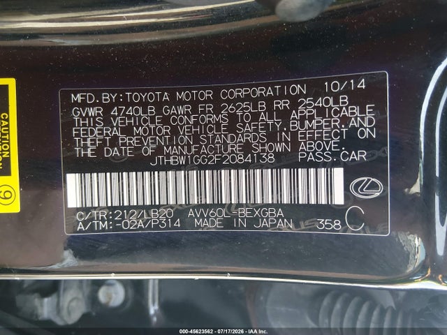 2015 Lexus Es 300h მანქანა იყიდება აუქციონზე, vin: JTHBW1GG2F2084138, აუქციონის ნომერი: 45623562