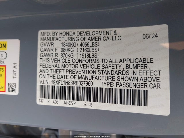 2024 Honda Civic Sport Touring მანქანა იყიდება აუქციონზე, vin: 19XFL1H83RE027960, აუქციონის ნომერი: 45623563