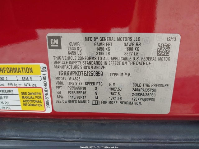2014 Gmc Acadia Sle-2 მანქანა იყიდება აუქციონზე, vin: 1GKKVPKD7EJ250859, აუქციონის ნომერი: 45623577