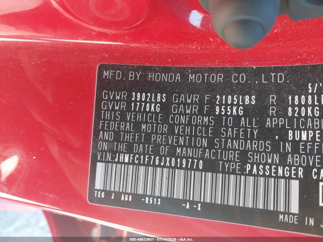 Продаж на аукціоні авто 2018 Honda Civic Ex-l, vin: JHMFC1F76JX019770, номер лоту: 45623601
