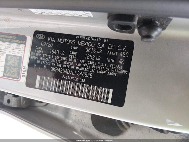Aukcja sprzedaży 2020 Kia Rio 5-door S, vin: 3KPA25AD7LE348838, numer aukcji: 45623602