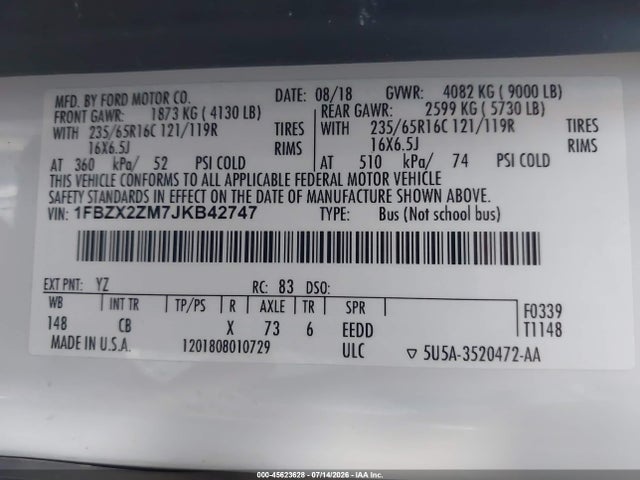 1FBZX2ZM7JKB42747 Ford Transit-350 Xl