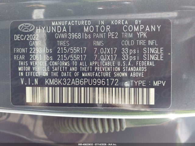 2023 Hyundai Kona Sel მანქანა იყიდება აუქციონზე, vin: KM8K32AB6PU996172, აუქციონის ნომერი: 45623632