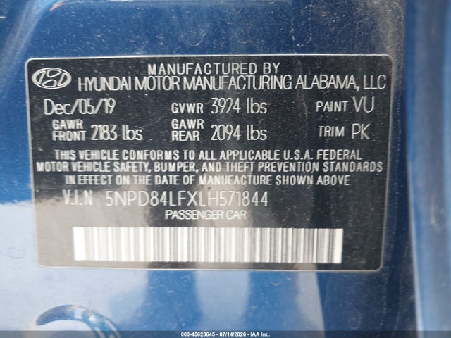 Aukcja sprzedaży 2020 Hyundai Elantra Sel, vin: 5NPD84LFXLH571844, numer aukcji: 45623645