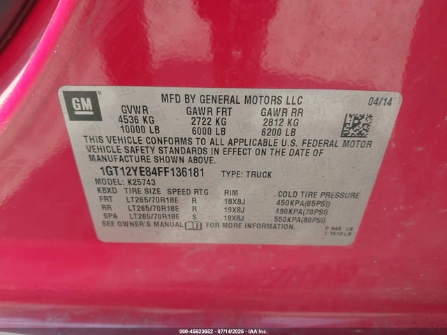 Продажа на аукционе авто 2015 Gmc Sierra 2500hd Sle, vin: 1GT12YE84FF136181, номер лота: 45623652