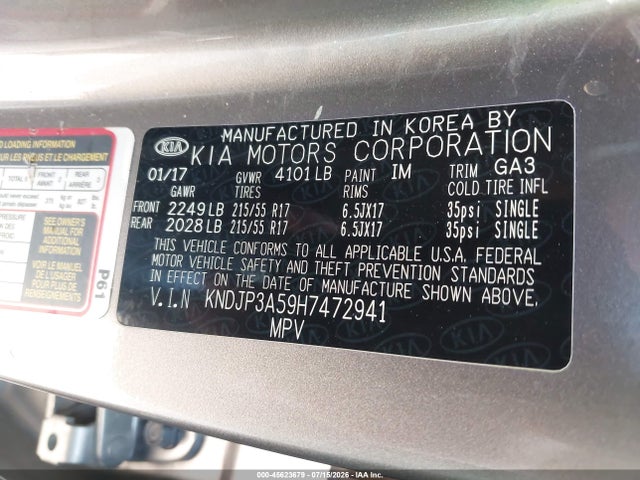 45623679 :رقم المزاد ، KNDJP3A59H7472941 vin ، 2017 Kia Soul + مزاد بيع