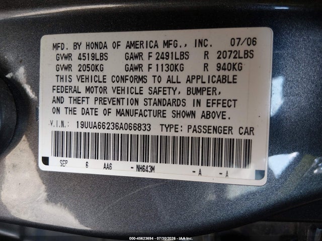 Продажа на аукционе авто 2006 Acura Tl, vin: 19UUA66236A066833, номер лота: 45623694