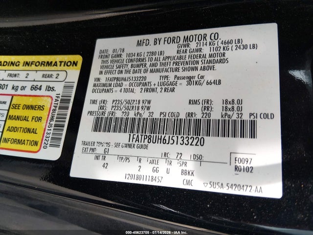 45623705 :رقم المزاد ، 1FATP8UH6J5133220 vin ، 2018 Ford Mustang Ecoboost Premium مزاد بيع