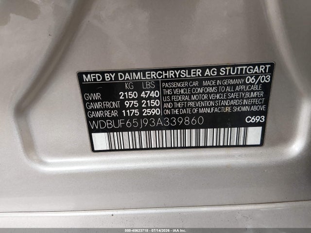 45623718 :رقم المزاد ، WDBUF65J93A339860 vin ، 2003 Mercedes-benz E 320 مزاد بيع