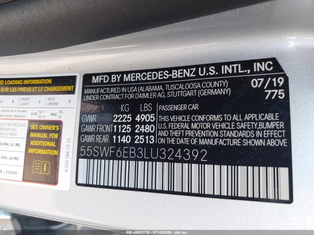 Продажа на аукционе авто 2020 Mercedes-benz Amg C 43 4matic, vin: 55SWF6EB3LU324392, номер лота: 45623730