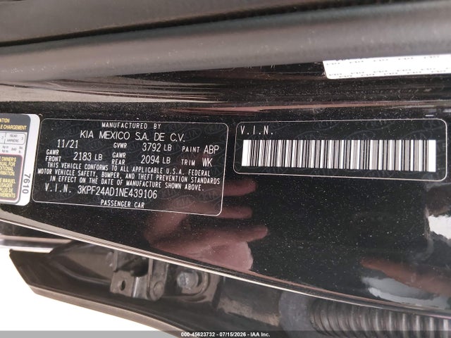 45623732 :رقم المزاد ، 3KPF24AD1NE439106 vin ، 2022 Kia Forte Lxs مزاد بيع