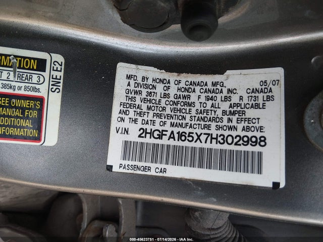 Auction sale of the 2007 Honda Civic Lx, vin: 2HGFA165X7H302998, lot number: 45623751