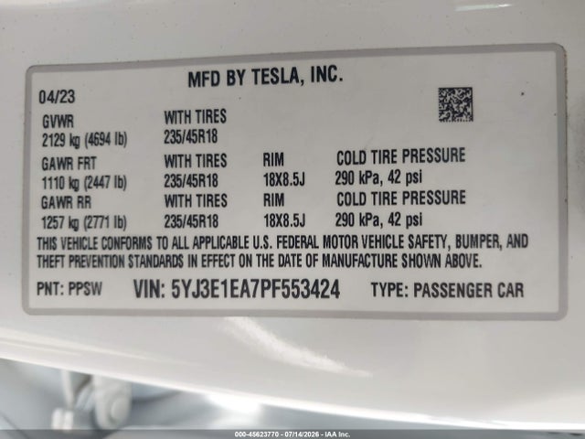 Aukcja sprzedaży 2023 Tesla Model 3 Rear-wheel Drive, vin: 5YJ3E1EA7PF553424, numer aukcji: 45623770