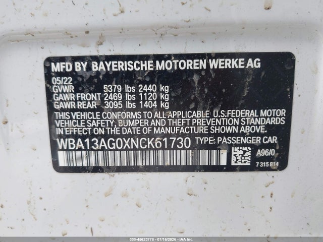 Aukcja sprzedaży 2022 Bmw 530e, vin: WBA13AG0XNCK61730, numer aukcji: 45623778