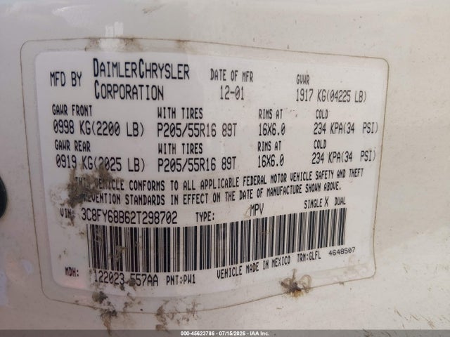 2002 Chrysler Pt Cruiser Limited მანქანა იყიდება აუქციონზე, vin: 3C8FY68B62T298702, აუქციონის ნომერი: 45623786