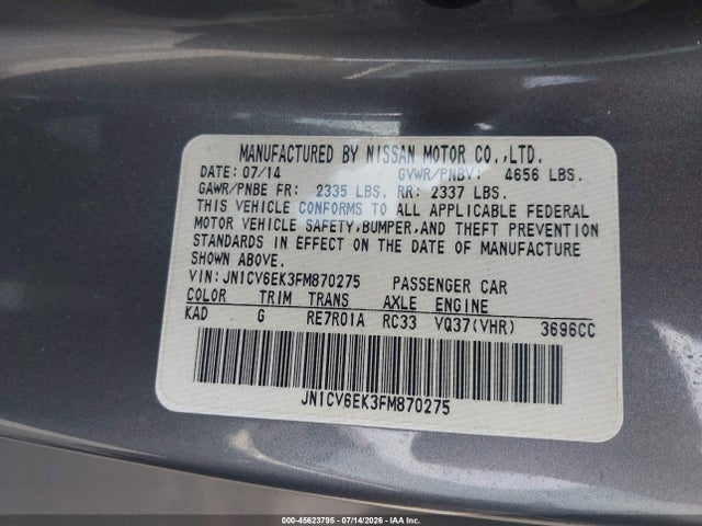 Продаж на аукціоні авто 2015 Infiniti Q60 S Limited, vin: JN1CV6EK3FM870275, номер лоту: 45623795