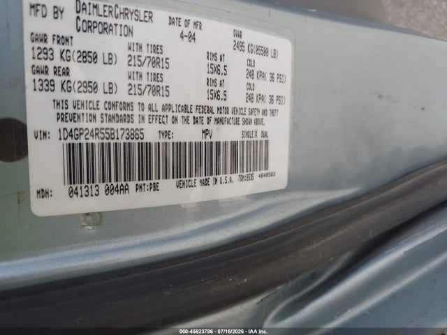 45623796 :رقم المزاد ، 1D4GP24R55B173865 vin ، 2005 Dodge Caravan Se مزاد بيع