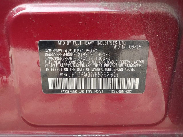 45623822 :رقم المزاد ، JF1GPAC67F8292505 vin ، 2015 Subaru Impreza 2.0i Premium مزاد بيع