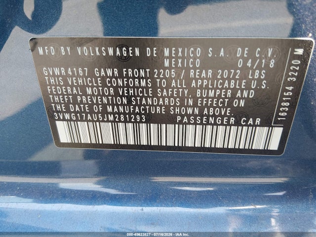 2018 Volkswagen Golf Tsi S/tsi Se მანქანა იყიდება აუქციონზე, vin: 3VWG17AU5JM281293, აუქციონის ნომერი: 45623827