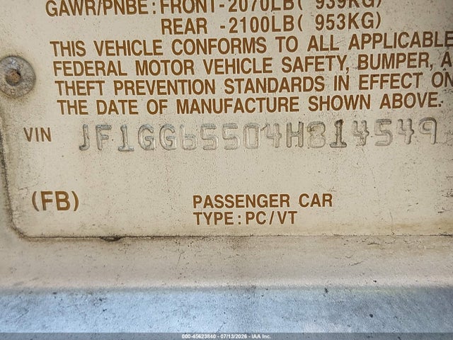 Aukcja sprzedaży 2004 Subaru Impreza 2.5ts, vin: JF1GG65504H814549, numer aukcji: 45623840