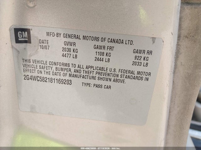 Продаж на аукціоні авто 2008 Buick Lacrosse Cx, vin: 2G4WC582181169203, номер лоту: 45623859
