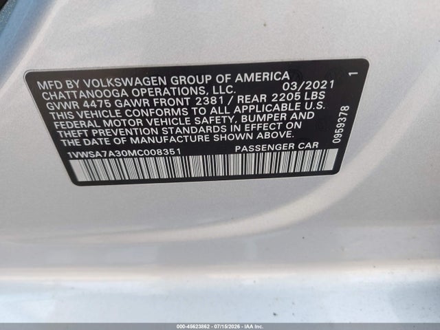 Aukcja sprzedaży 2021 Volkswagen Passat 2.0t Se, vin: 1VWSA7A30MC008351, numer aukcji: 45623862