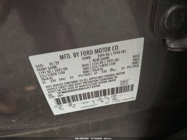 45623861 :رقم المزاد ، 1FMSK8DH4NGA72556 vin ، 2022 Ford Explorer Xlt مزاد بيع