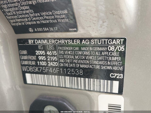 Продажа на аукционе авто 2006 Mercedes-benz Sl 500, vin: WDBSK75F46F112538, номер лота: 45623863