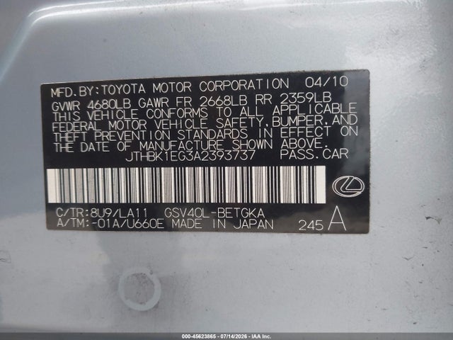 45623865 :رقم المزاد ، JTHBK1EG3A2393737 vin ، 2010 Lexus Es 350 مزاد بيع
