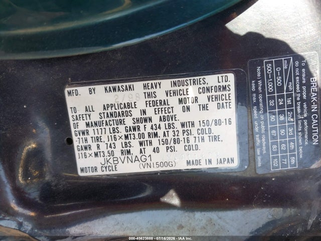 45623888 :رقم المزاد ، JKBVNAG11XA011479 vin ، 1999 Kawasaki Vn1500 G مزاد بيع