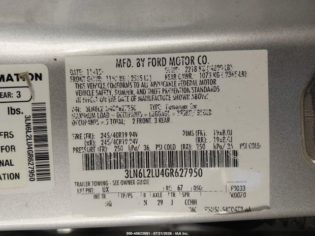Aukcja sprzedaży 2016 Lincoln Mkz Hybrid, vin: 3LN6L2LU4GR627950, numer aukcji: 45623891