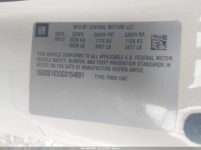 2012 Cadillac Cts Premium მანქანა იყიდება აუქციონზე, vin: 1G6DS1E33C0154651, აუქციონის ნომერი: 45623895