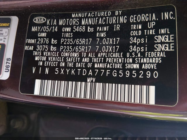 KIA Sorento Lx V6 2015 5XYKTDA77FG595290 Image 9
