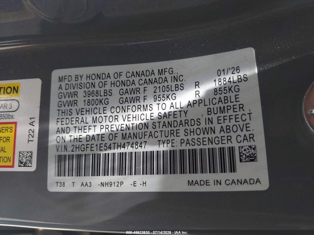 Honda CIVIC SI SEDAN 2026 2HGFE1E54TH474847 Image 9
