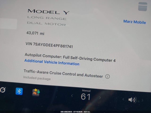 Aukcja sprzedaży 2023 Tesla Model Y Awd/long Range Dual Motor All-wheel Drive, vin: 7SAYGDEE4PF861741, numer aukcji: 45623935