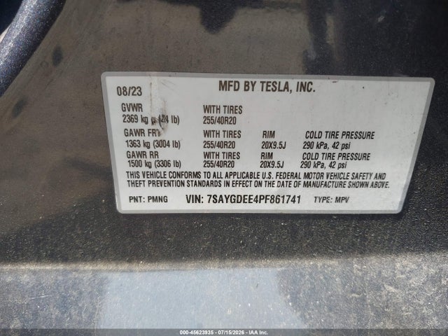 Aukcja sprzedaży 2023 Tesla Model Y Awd/long Range Dual Motor All-wheel Drive, vin: 7SAYGDEE4PF861741, numer aukcji: 45623935