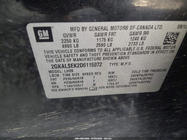 Aukcja sprzedaży 2013 Gmc Terrain Sle-2, vin: 2GKALSEK2D6115072, numer aukcji: 45623986