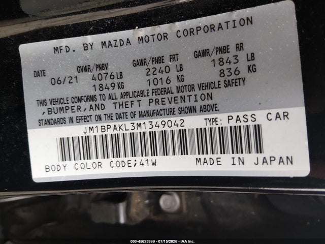 Aukcja sprzedaży 2021 Mazda Mazda3 Select, vin: JM1BPAKL3M1349042, numer aukcji: 45623999