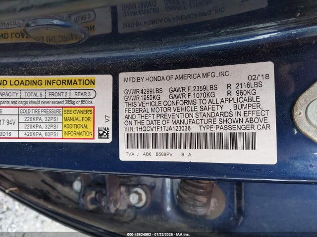 Продажа на аукционе авто 2018 Honda Accord Lx, vin: 1HGCV1F17JA123036, номер лота: 45624002