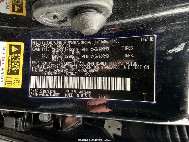 Aukcja sprzedaży 2018 Toyota Highlander Le, vin: 5TDBZRFH1JS883847, numer aukcji: 45624016