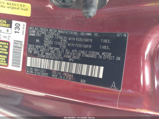 Aukcja sprzedaży 2016 Toyota Sienna Se 8 Passenger, vin: 5TDXK3DCXGS763715, numer aukcji: 45624021