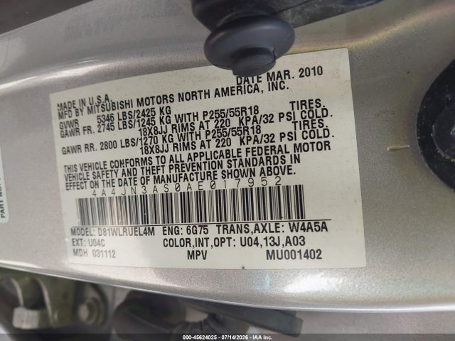 2010 Mitsubishi Endeavor Se მანქანა იყიდება აუქციონზე, vin: 4A4JN3AS0AE017952, აუქციონის ნომერი: 45624025