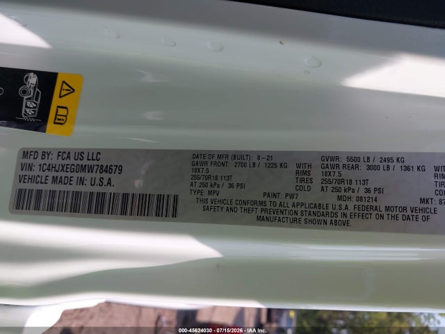 Auction sale of the 2021 Jeep Wrangler Unlimited Sahara 4x4, vin: 1C4HJXEG0MW784679, lot number: 45624030